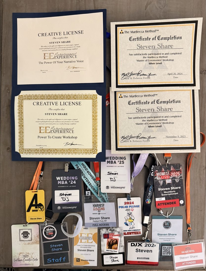Certificates from Bill Hermann&rsquo;s Entertainment Experience and the MarBecca Method, with conference credentials from Wedding MBA, MEX, DJX, Midwest DJs Live and Hacker Hotel